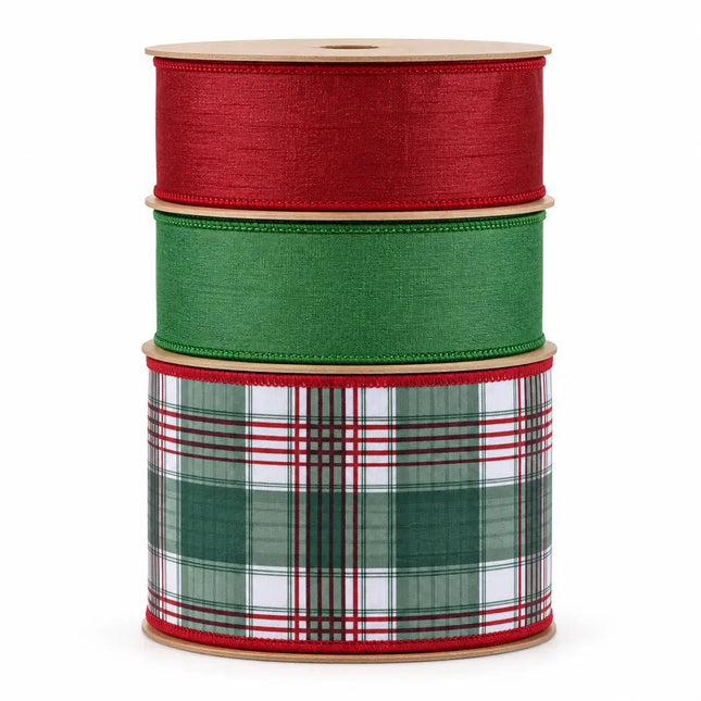 2 1/2" Bordeaux Dupioni and 2 1/2" Christmas Green Metallic Fused with4" Red/Green Plaid Wired Ribbons Bundle | 3 Roll | 30 Yards