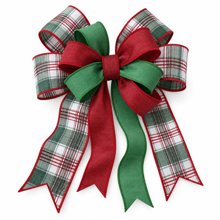 2 1/2" Bordeaux Dupioni and 2 1/2" Christmas Green Metallic Fused with4" Red/Green Plaid Wired Ribbons Bundle | 3 Roll | 30 Yards
