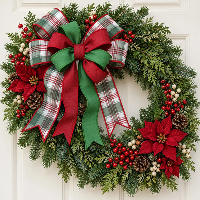 2 1/2" Bordeaux Dupioni and 2 1/2" Christmas Green Metallic Fused with4" Red/Green Plaid Wired Ribbons Bundle | 3 Roll | 30 Yards
