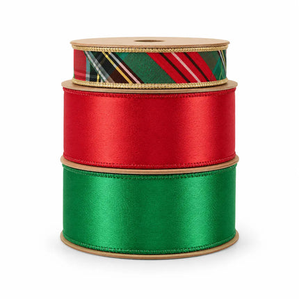 1" Gold Fused Christmas Plaid and 2 1/2" Red & Green Shimmer Satin Wired Ribbon Bundle | 3 Rolls | 30 Yards