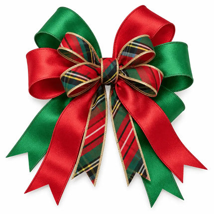 1" Gold Fused Christmas Plaid and 2 1/2" Red & Green Shimmer Satin Wired Ribbon Bundle | 3 Rolls | 30 Yards