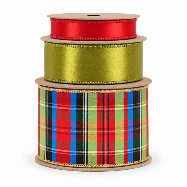 4" Gold Fused Plaid and 2 1/2" Moss with 1" Red Shimmer Satin Wired Ribbon Bundle | 3 Rolls | 30 Yards
