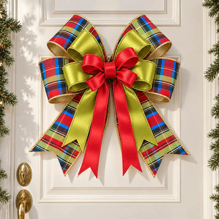 4" Gold Fused Plaid and 2 1/2" Moss with 1" Red Shimmer Satin Wired Ribbon Bundle | 3 Rolls | 30 Yards