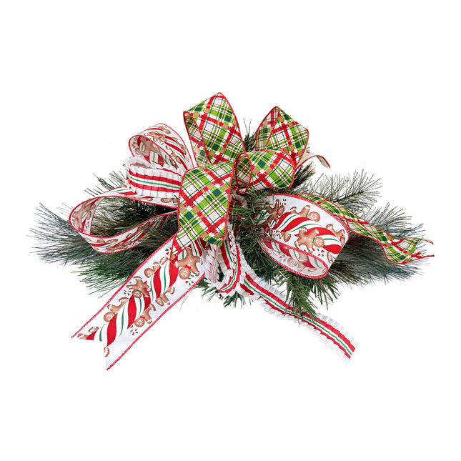 Christmas decor piece with pine foliage, gingerbread-man and plaid-patterned ribbons,candy white with red/green stripe.