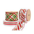 Christmas ribbon collection with red-green plaid, striped, and gingerbread-candy cane styles, perfect for festive decorations.