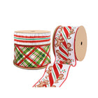Christmas ribbon collection with red-green plaid, striped, and gingerbread-candy cane styles, perfect for festive decorations.