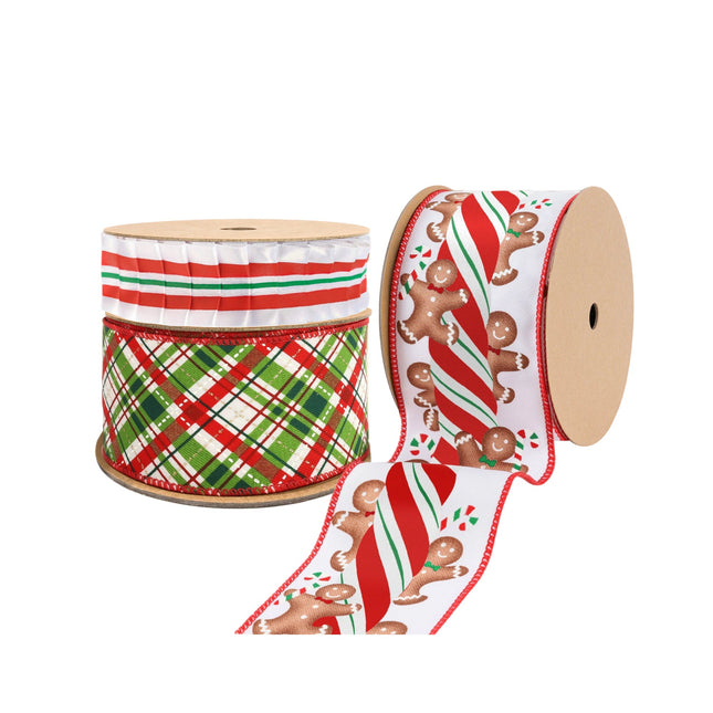 Christmas ribbon collection with red-green plaid, striped, and gingerbread-candy cane styles, perfect for festive decorations.