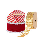 Festive Christmas ribbon set: red-and-white candy  cane stripe, red velvet with white fringe, and gold gingerbread man ribbon.