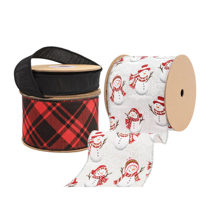 Three rolls of Christmas ribbons: black sheer, red/black plaid, white with snowmen print, ideal for festive decor.