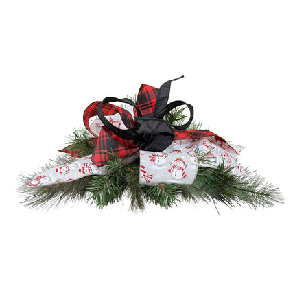 Christmas bow with red/black plaid, black, snowman ribbons & green pine, elegant holiday accent.