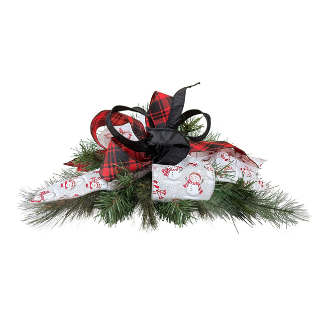 Christmas bow with red/black plaid, black, snowman ribbons & green pine, elegant holiday accent.