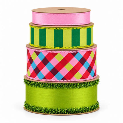 1" Classic Pink Velvet, 1 1/2" Dupioni Green Stripe and 2 1/2" Dupioni Pink/Red/Blue Bias Plaid and 2 1/2" Lime Green Tinsel Edge Dupioni Wired Ribbon Bundle | 4 Rolls | 40 Yards