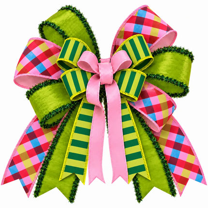 1" Classic Pink Velvet, 1 1/2" Dupioni Green Stripe and 2 1/2" Dupioni Pink/Red/Blue Bias Plaid and 2 1/2" Lime Green Tinsel Edge Dupioni Wired Ribbon Bundle | 4 Rolls | 40 Yards