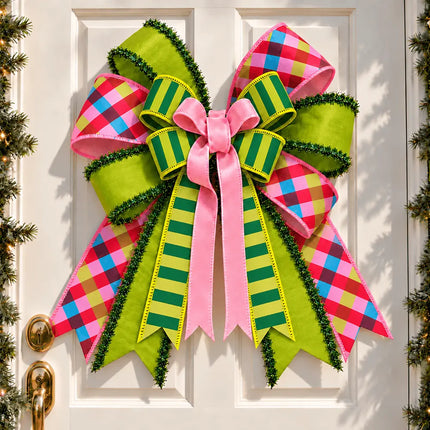1" Classic Pink Velvet, 1 1/2" Dupioni Green Stripe and 2 1/2" Dupioni Pink/Red/Blue Bias Plaid and 2 1/2" Lime Green Tinsel Edge Dupioni Wired Ribbon Bundle | 4 Rolls | 40 Yards