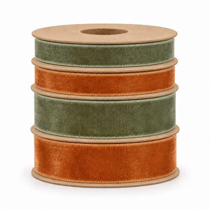 3/8" and 1" Cognac Velvet with 3/8" and 1" Olive Velvet Ribbon Bundle | 4 Rolls | 40 Yards
