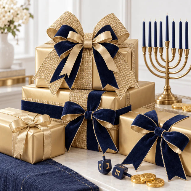 1" Gold Shimmer Satin and 2 1/2" Classic Navy/Gold Velvet with 4" Gold Sparkle Metallic Ribbon Bundle | 3 Rolls | 30 Yards