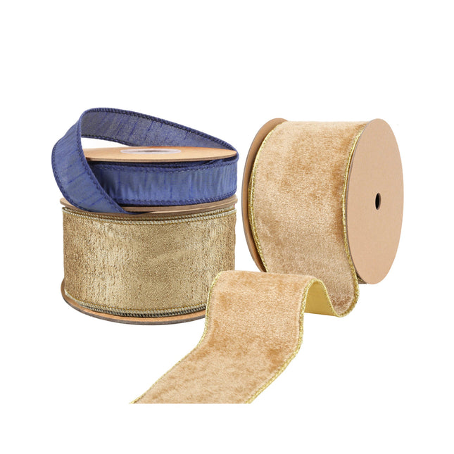 Set of elegant ribbons—navy textured, gold patterned, and gold velvet with trim—perfect for holiday decor.