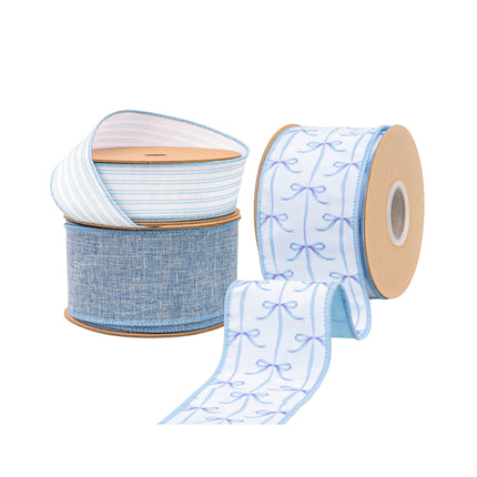 Baby Blue Bows and Light Blue Ticking Stripe with Blue Linen 3 Rolls |30 Yards