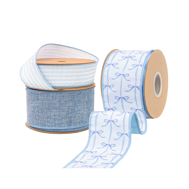 Baby Blue Bows and Light Blue Ticking Stripe with Blue Linen 3 Rolls |30 Yards