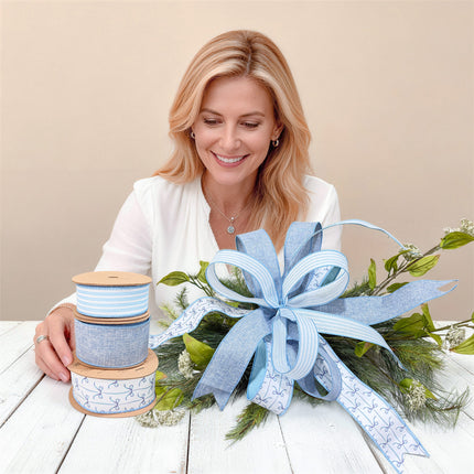 Baby Blue Bows and Light Blue Ticking Stripe with Blue Linen 3 Rolls |30 Yards