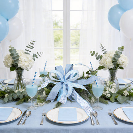 Baby Blue Bows and Light Blue Ticking Stripe with Blue Linen 3 Rolls |30 Yards