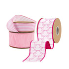 Pink ribbon bundle with baby pink bows, light pink dupioni, and pink ticking stripe wired ribbons, ideal for gift wrapping.