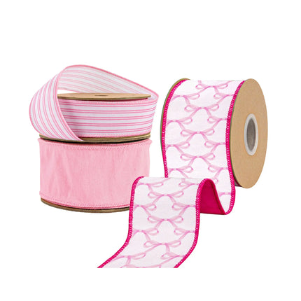 Pink ribbon bundle with baby pink bows, light pink dupioni, and pink ticking stripe wired ribbons, ideal for gift wrapping.