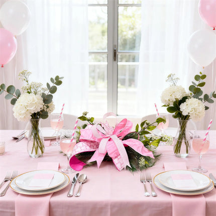 Pink multi-pattern wired ribbon bow with bow-print, dupioni, and ticking stripe ribbons.
