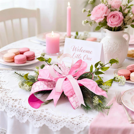 Pink multi-pattern wired ribbon bow, made with light pink dupioni, pink-and-white bow-print, and ticking stripe ribbons