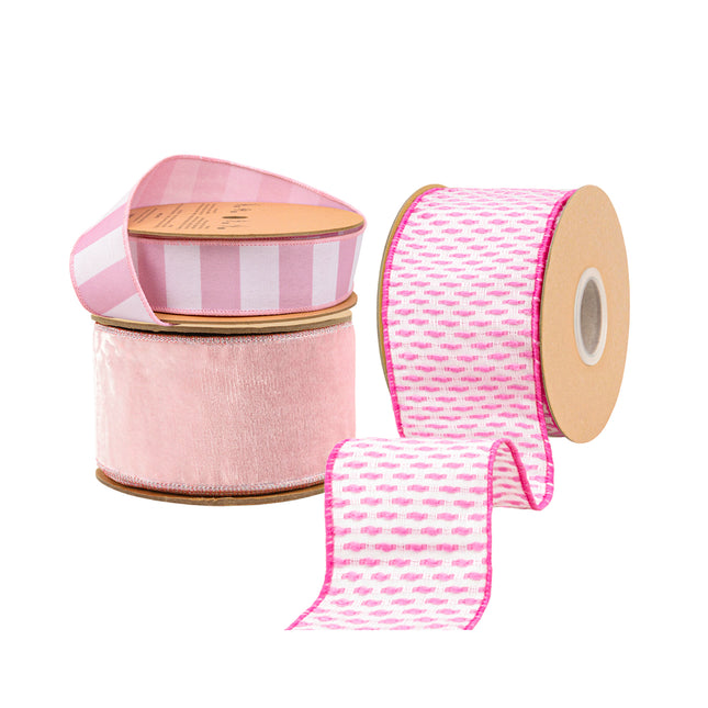 Horizontal Light Pink Stripe and Pink Woven Dots with  Premium Pink Velvet Ribbon 3 Rolls |25 Yards