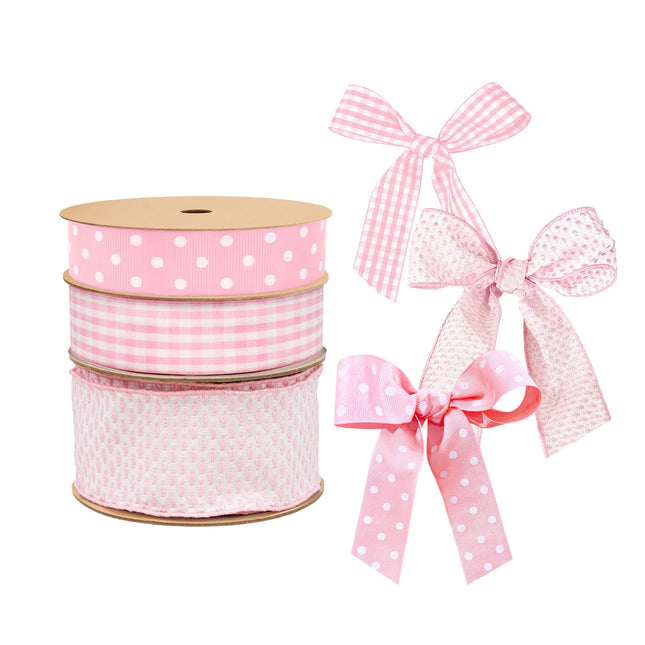 Pink Polka Dot Grosgrain & Gingham Ribbon & Wired Woven Dots Ribbon Bundle |3 Rolls |60 Yards