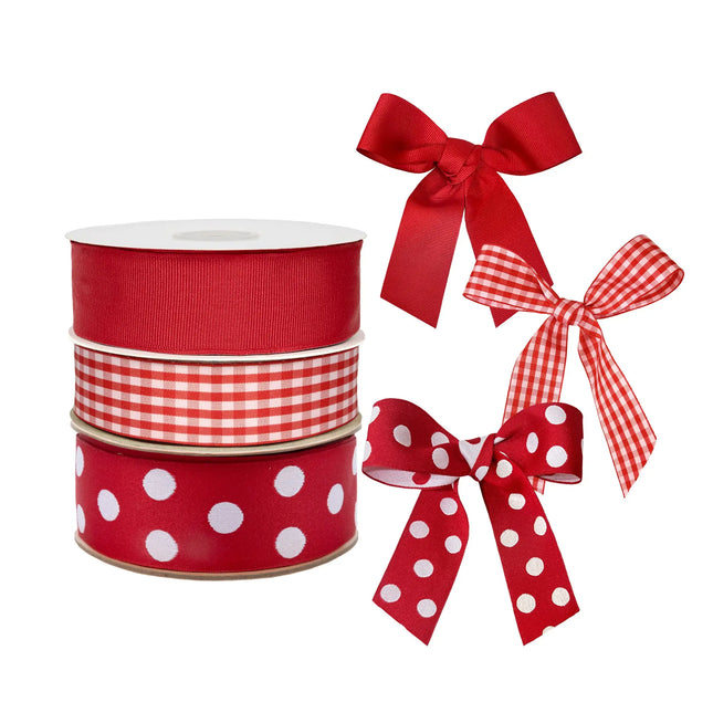 Red Double-Sided Jacquard Ribbon Polka Dot & Gingham & Textured Grosgrain Ribbon Bundle|3 Rolls |85 Yards