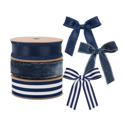 Navy blue ribbon bundle featuring ruffle-edged satin, frayed velvet, and striped grosgrain styles, ideal for gift wrapping, and decor.