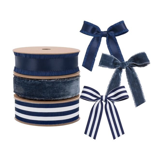 Navy blue ribbon bundle featuring ruffle-edged satin, frayed velvet, and striped grosgrain styles, ideal for gift wrapping, and decor.