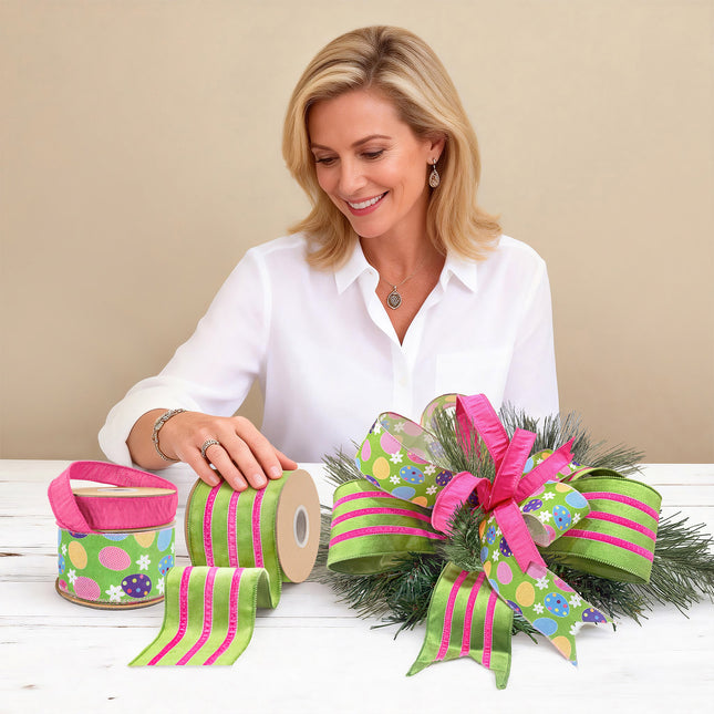 Woman crafting an Easter bow with pink, polka dot, and lime stripe ribbons.