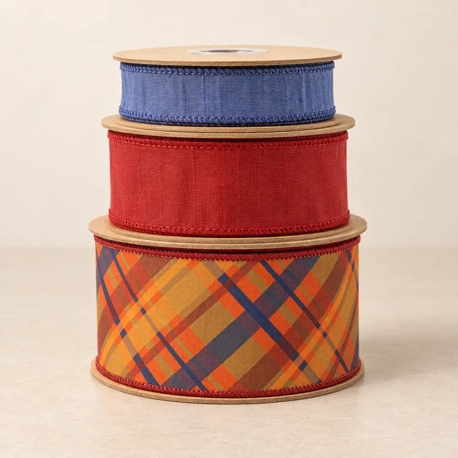 2 1/2" Fall Plaid and 2 1/2 Bordeaux with 1" Navel Dupioni Ribbon Bundle | 3 Rolls | 30 Yards