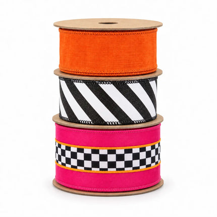 4" Wired Velvet Pink/Orange/Check Stripe and 2 1/2" Glitter Diagonal Stripe with 2 1/2" Orange Dupioni Ribbon Bundle | 3 Rolls | 30 Yards