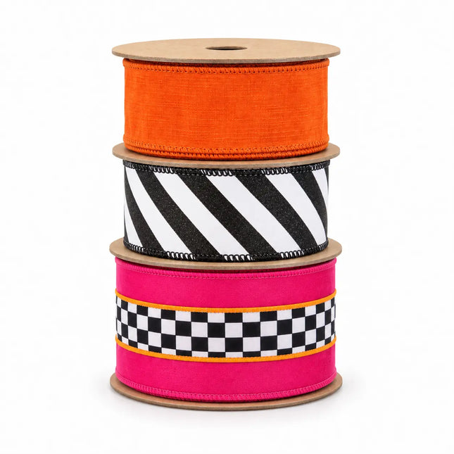 4" Wired Velvet Pink/Orange/Check Stripe and 2 1/2" Glitter Diagonal Stripe with 2 1/2" Orange Dupioni Ribbon Bundle | 3 Rolls | 30 Yards