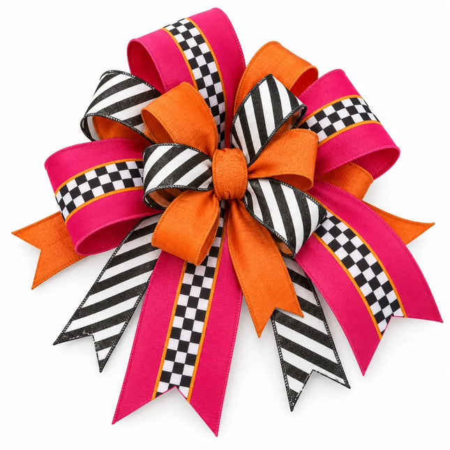 4" Wired Velvet Pink/Orange/Check Stripe and 2 1/2" Glitter Diagonal Stripe with 2 1/2" Orange Dupioni Ribbon Bundle | 3 Rolls | 30 Yards
