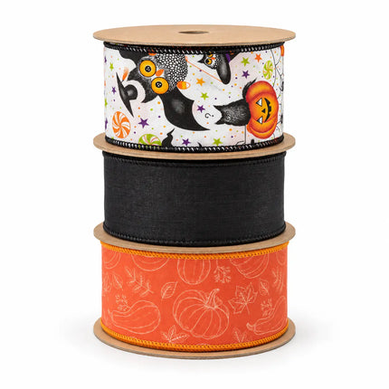 2 1/2" Halloween Friends with 2 1/2" Black Dupioni with 2 1/2" Pumpkin Ribbon Bundle  3 Rolls | 30 Yards