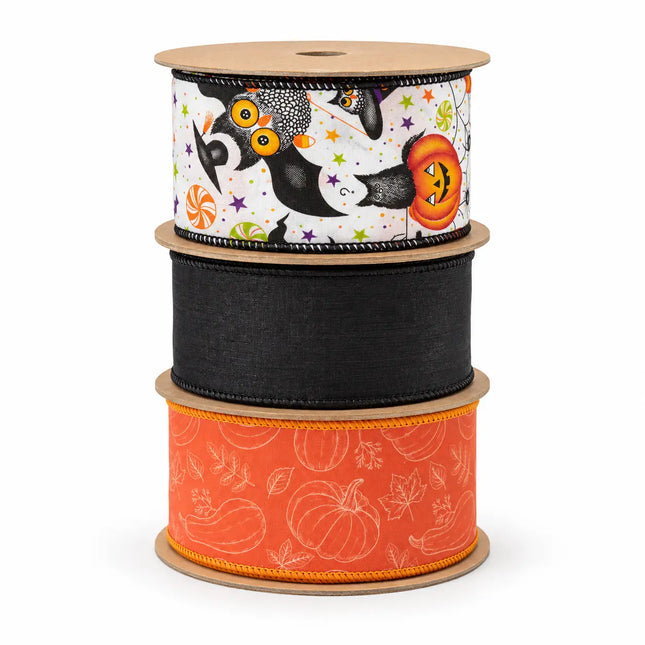 2 1/2" Halloween Friends with 2 1/2" Black Dupioni with 2 1/2" Pumpkin Ribbon Bundle  3 Rolls | 30 Yards