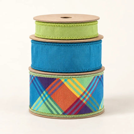 2 1/2" Fall Plaid and 2 1/2" Peacock with 1" Green Apple Dupioni Ribbon Bundle | 3 Rolls | 30 Yards