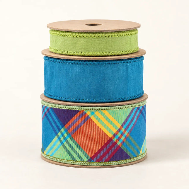 2 1/2" Fall Plaid and 2 1/2" Peacock with 1" Green Apple Dupioni Ribbon Bundle | 3 Rolls | 30 Yards