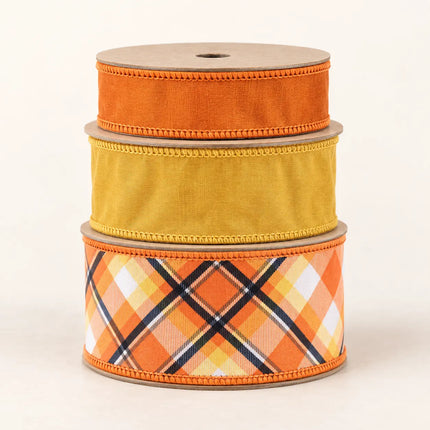 2 1/2" Halloween Bias Plaid and 1 1/2" Double Fused with 2 1/2" Gold Dupioni Ribbon Bundle | 3 Rolls | 30 Yards