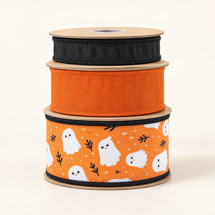 2 1/2" Canvas Ghost/Check and 2 1/2" Burnt Orange with 1" Black Dupioni Ribbon Bundle | 3 Rolls | 30 Yards