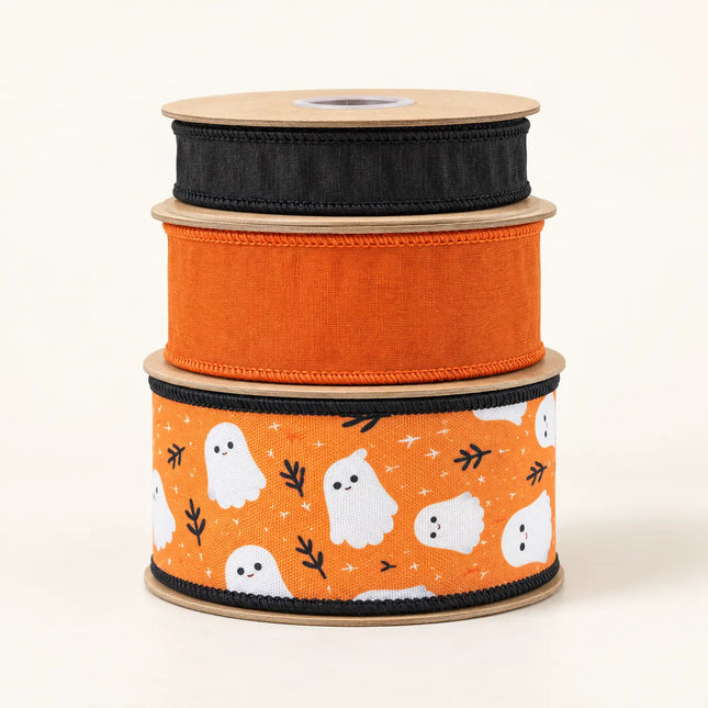 2 1/2" Canvas Ghost/Check and 2 1/2" Burnt Orange with 1" Black Dupioni Ribbon Bundle | 3 Rolls | 30 Yards
