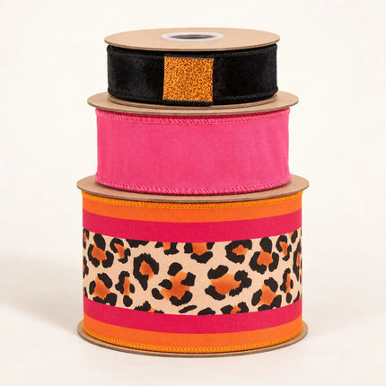 4" Animal Print Center Stripe and 2 1/2" Hot Pink with 1 1/2" Black Orange Glitter Ribbon Bundle | 3 Rolls | 30 Yards