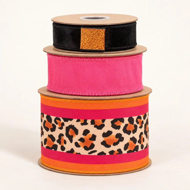 4" Animal Print Center Stripe and 2 1/2" Hot Pink with 1 1/2" Black Orange Glitter Ribbon Bundle | 3 Rolls | 30 Yards