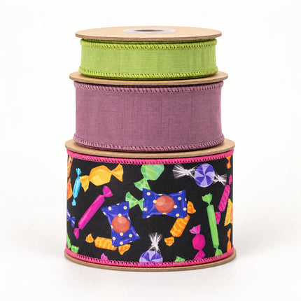 4" Halloween Candy and 2 1/2" Amethyst with 1" Green Apple Dupioni Ribbon Bundle | 3 Rolls | 30 Yards