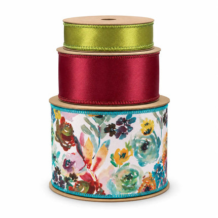 4" Orange Floral Dupioni and 2 1/2" Wine with 1" Moss Shimmer Satin Ribbon Bundle | 3 Rolls | 30 Yards